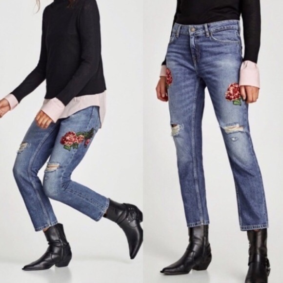 Zara Denim - NWOT Zara High Rise Embroidered Sequin Rosette Distressed Boyfriend Jean Size 4